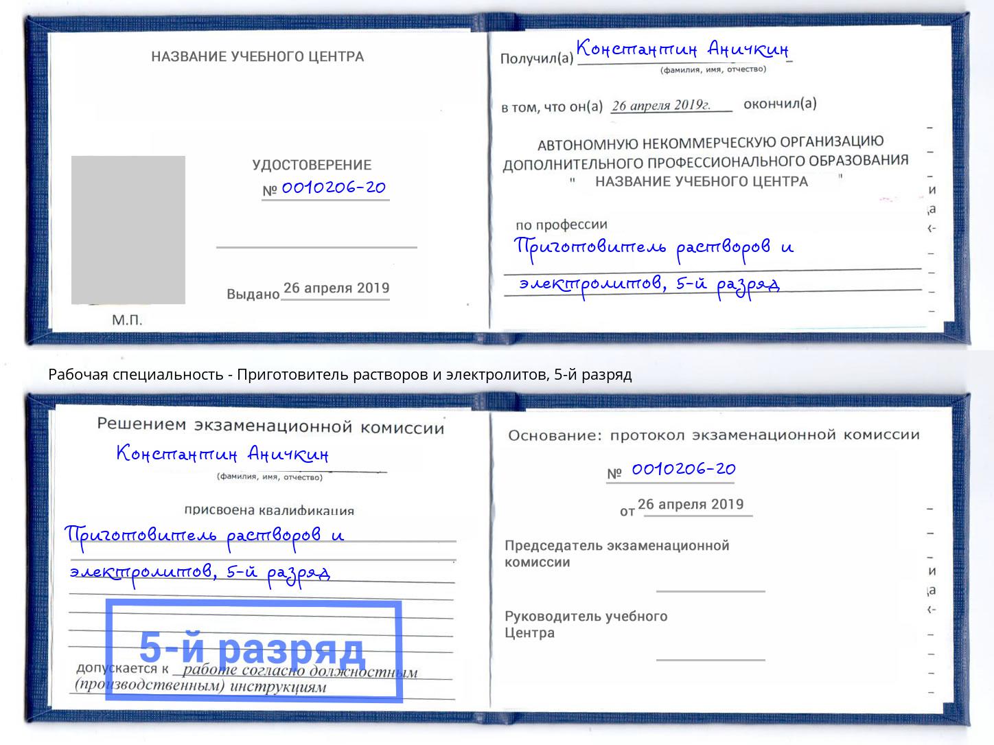 корочка 5-й разряд Приготовитель растворов и электролитов Прокопьевск