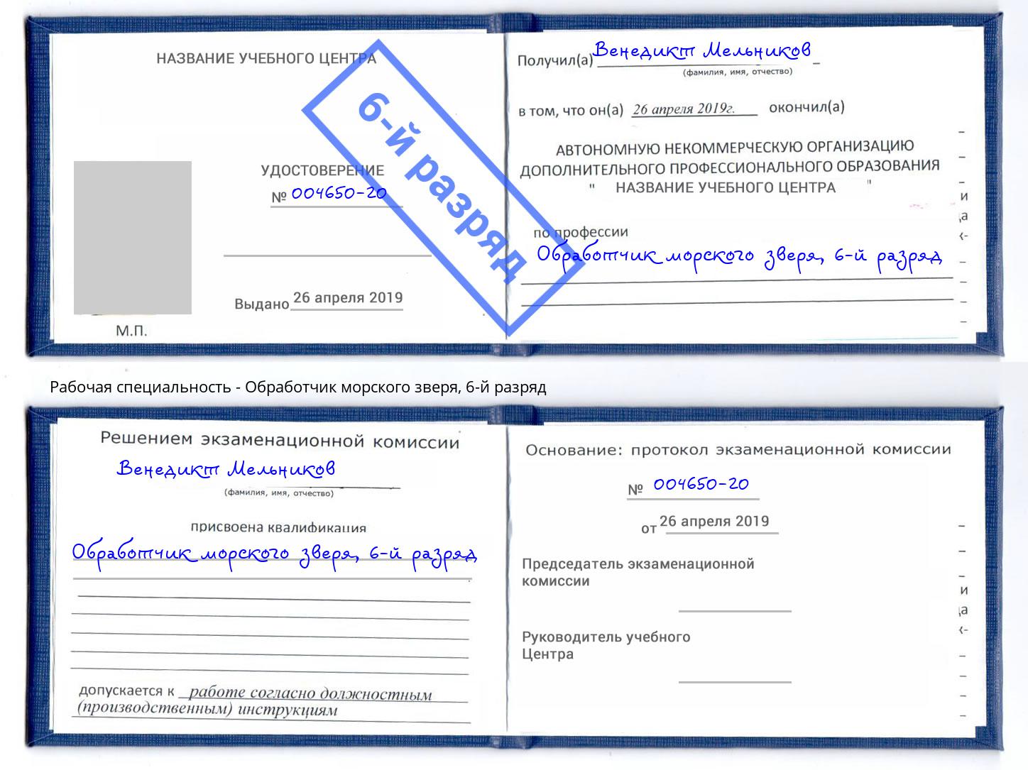 корочка 6-й разряд Обработчик морского зверя Прокопьевск