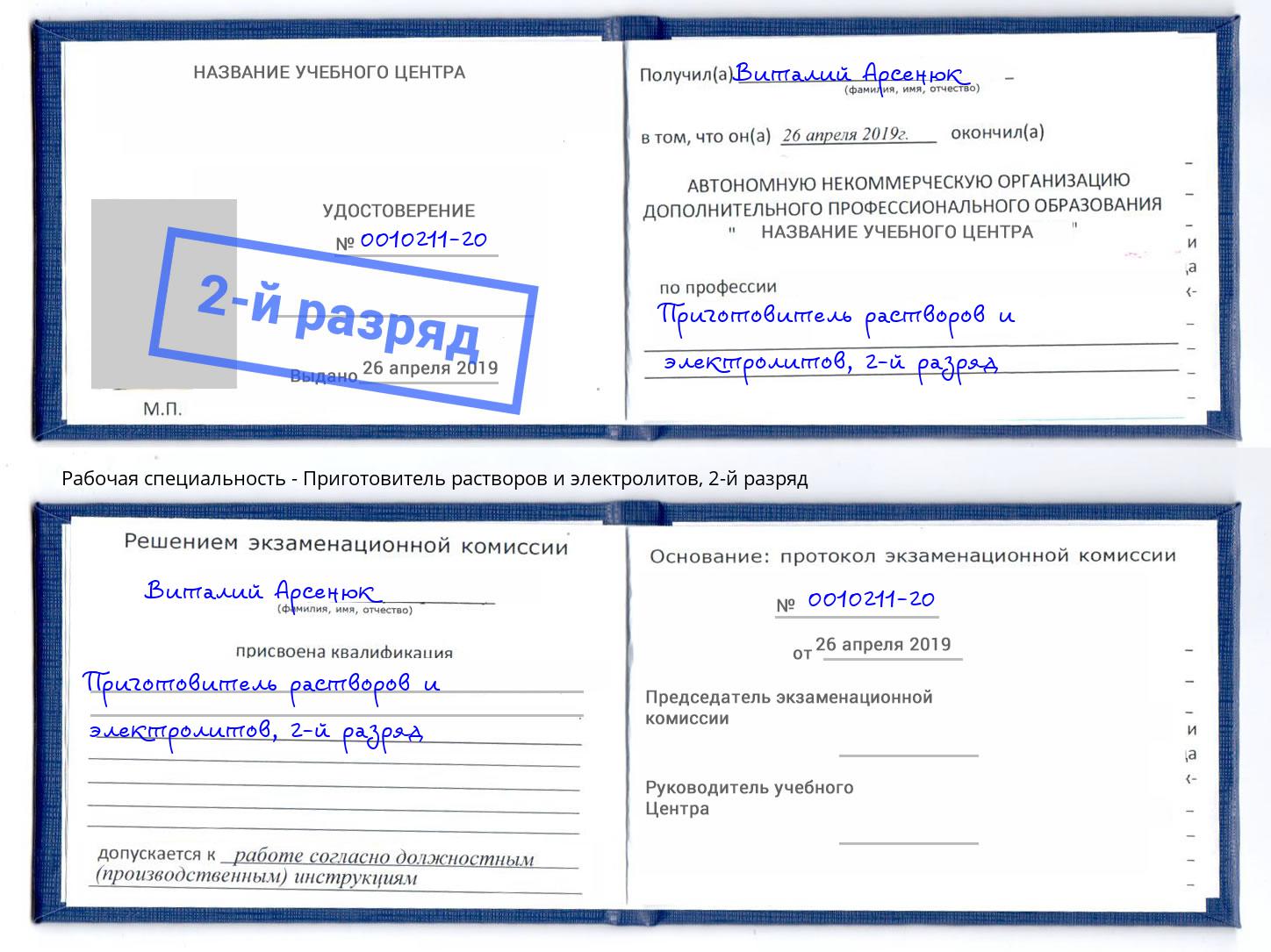 корочка 2-й разряд Приготовитель растворов и электролитов Прокопьевск