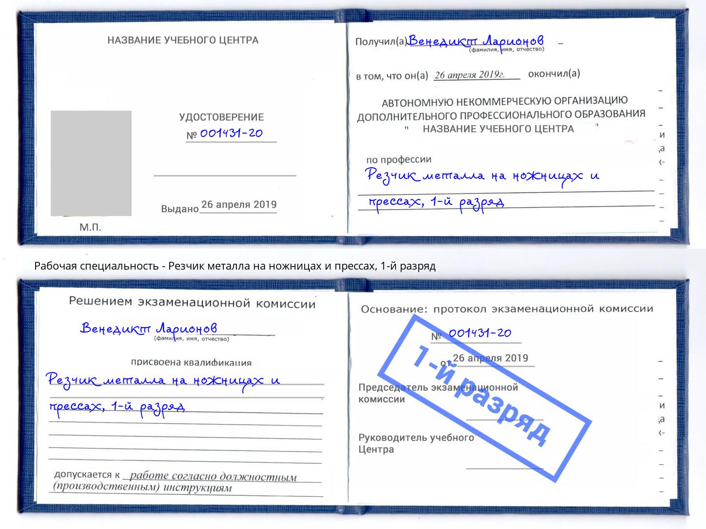 корочка 1-й разряд Резчик металла на ножницах и прессах Прокопьевск